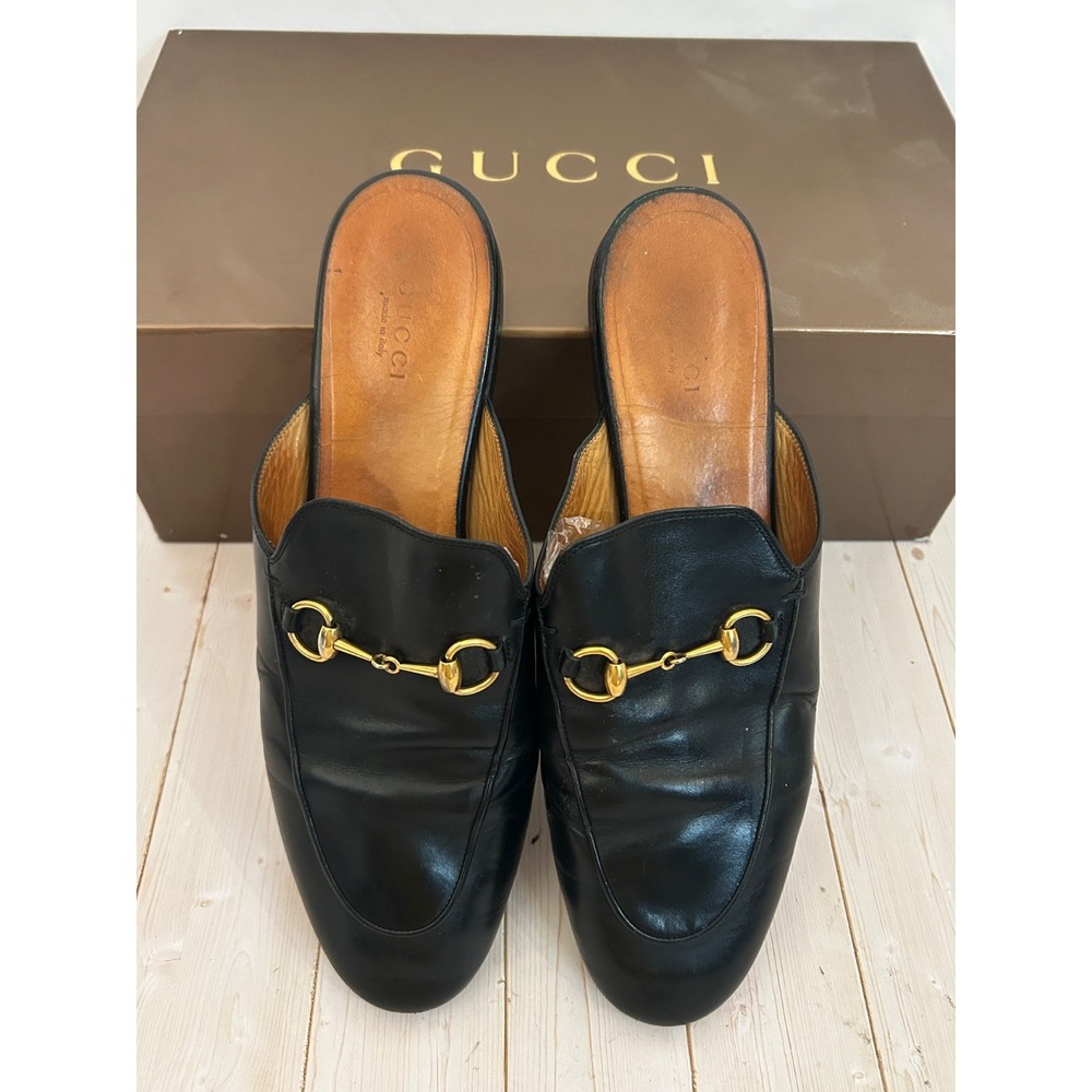 Gucci Womens Black Leather Princetown Gold Toned Horsebit Mules sz 40 (Re-SOLED)